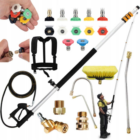 Rosfix Set Lance Télescopique PowerReach ProMax 6,3m – Aluminium Léger, 4000 PSI, 7 Buses, Brosse, Sangle Pour Nettoyeur Haute Pression Accessoire de Nettoyage Extérieur