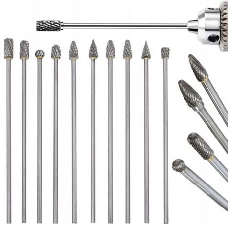 Rosfix Set Fraises Rotatives Carbure de Tungstène 10 Pièces – Double Coupe Tige 3 mm, Longueur 100 mm Pour Métal, Bois, Verre Accessoire Universel pour Outils Rotatifs (1/5)