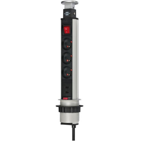 Brennenstuhl – Multiprise Tower Power 3 prises orientées 45° – 2 ports USB – Câble 2m H05VV-F 3G1,5 – Aluminium pour usage domestique (1/4)