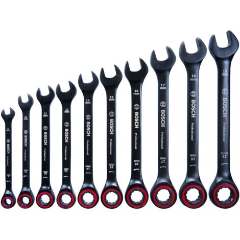 Bosch Professional Set de 10 Clés Mixtes à Cliquet en Acier et Chrome Vanadium (8 -19 mm, dans Etui)