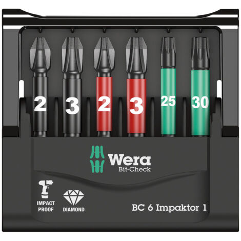 Wera Mini-Check Impaktor 4 05057695001 Jeu d'embouts 6 pièces cruciforme Phillips, vis Pozidriv, TORX® intérieur techno