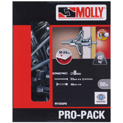 Pack de 50 chevilles à expansion Ø4 x 46 mm pour matériaux creux – Charge maximale élevée – Vis M4 incluses – M14250PBXJ – Molly