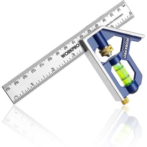 Workpro – Équerre combinée 150mm en acier inoxydable – Niveau à bulle intégré – Mesure précise des angles droits et 45° – Pour chantiers et ingénierie