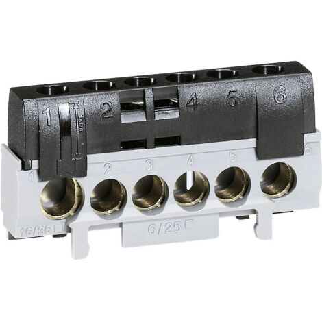 Legrand – Bornier de phase 6 bornes pour câbles 6 à 25 mm² et 10 à 35 mm² – Capot de sécurité isolant – Montage sur rail ou support universel