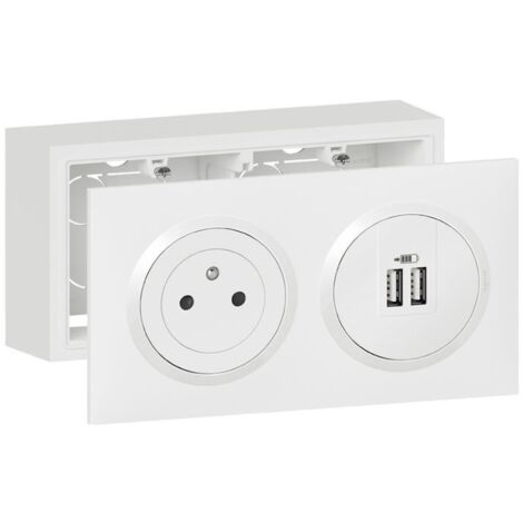 Legrand – Kit prise de courant 2P+T affleurante 16A avec chargeur 2 USB Type A 2,4A – Installation rapide sans outil – Cadre saillie blanc (1/2)