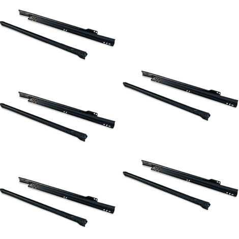 Emuca Lot  de 5 jeux de coulisses a roulettes pour tiroir T30, drop lock, longueur 250mm, coulisse a sortie partielle, Acier,, Noir