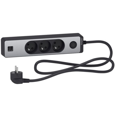 Odace - Rallonge multiprises 3 prises 2P+T - anthracite/aluminium - 2USB - 1,5m (ST933U1BA)
