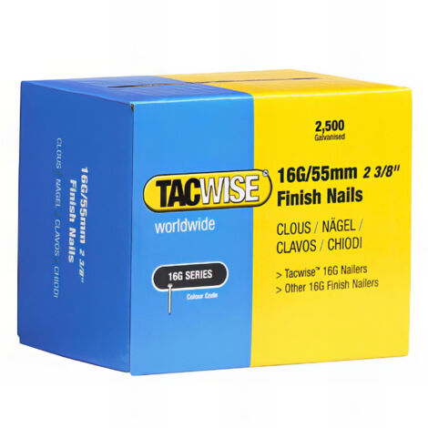 Tacwise – Clous de finition 2500 pièces 16G L. 55 mm – Acier galvanisé pour bois dur – Compatibles cloueurs électriques et pneumatiques – 299 - TA-0299