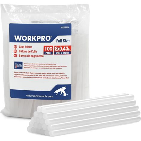 Workpro – Lot de 100 bâtons de colle chaude 200 x 11 mm – Compatible pistolets 11 mm – EVA inodore et écologique – Pour collage bois, métal, verre