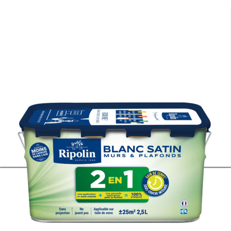 Ripolin – Peinture satin blanche 2 en 1 pour murs et plafonds – Sous-couche intégrée – Séchage rapide 1h – Rendement 25m² par pot – COV 1g/L (1/5)
