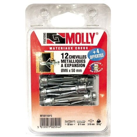 Cheville Molly 5x50mm – Vis M5 C/16 – Pour cloison sèche et brique creuse jusqu'à 45mm d'épaisseur – Kit de fixation facile