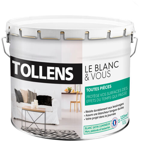 Tollens – Peinture blanche satinée 10L – Résistance aux chocs – A+ qualité air intérieur – Séchage rapide – Pour murs et plafonds jusqu'à 120m² - 120m2