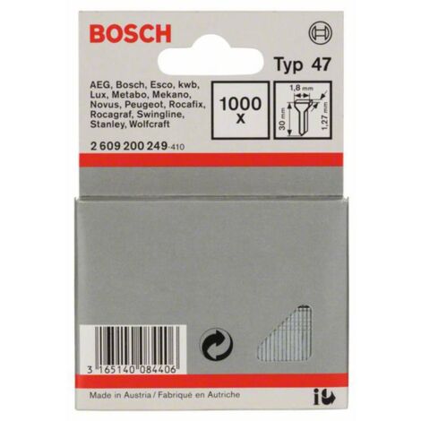 Clou à tête plate 1,8 x 1,27 x 28 mm – 1000 pièces pour agrafeuses Bosch – Acier durci – 2609200249