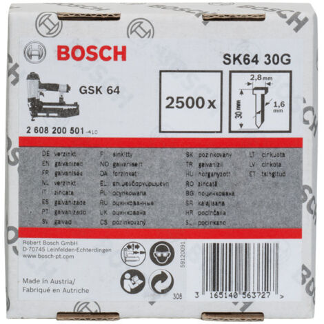 Goupille à tête fraisée SK64 30G Bosch, 1,6 mm, 30 mm, galvanisée - 2608200501