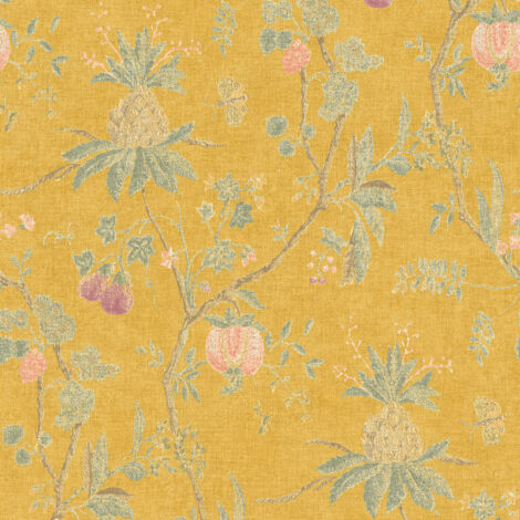 Papier peint intissé et embossé fleurs vintage jaune moutarde – Tapisserie floral pour chambre – Collection Paradise Garden – 10m² – A.S. Creations