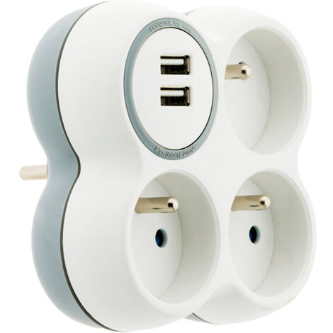 Zenitech – Multiprise 3 prises 16A – 2 ports USB – Design moderne blanc/gris – Protection contre surcharges – Pour appareils énergivores