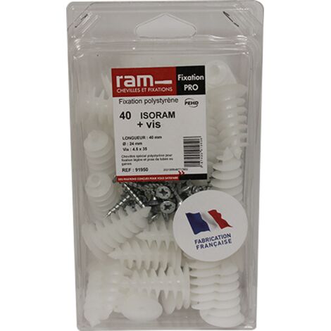 RAM – Lot de 40 chevilles Ø24 x 40 mm – 40 vis agglo 4,5 x 35 mm – Résistance à l'arrachement 15/25 kg – Pour fixation tubes et appareils électriques