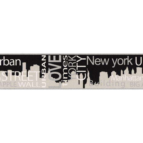 Frise murale moderne New York – Écritures métalliques noir et argent – Papier peint tendance pour chambre ado – 5m x 15cm – A.S. Creations