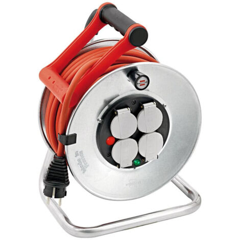 Brennenstuhl – Enrouleur électrique 25m H07RN-F 3G1,5 – 4 prises 16A/230V avec protection enfants – IP44 pour chantiers extérieurs – Disjoncteur thermique