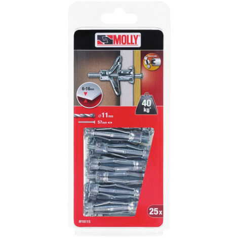 Lot de 25 chevilles métalliques à expansion Ø 6 x 50 mm – Vis M6 pour cloison sèche et brique creuse – Charge jusqu'à 40 kg – Molly - M18115-XJ