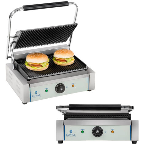 Royal Catering – Grill à panini électrique 2200W – Plaques en fonte émaillée striées – Température jusqu'à 300°C – Pour viandes et légumes