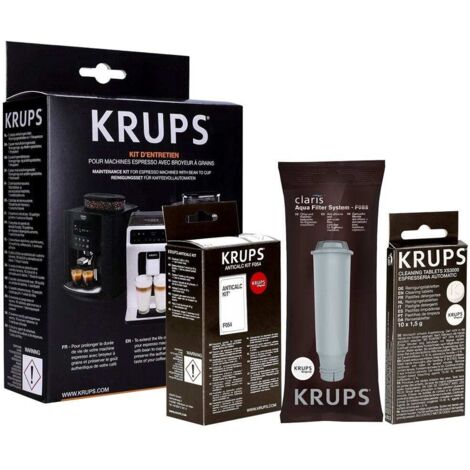 Kit de mantenimiento para cafeteras Krups: descalcificador, pastillas de limpieza y filtro de agua.