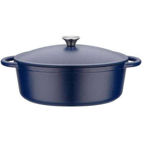 Cocotte en fonte massive ovale 33x25 cm – Compatible induction – Couvercle avec picots pour cuisson homogène – Bleu – GSW (1/5)