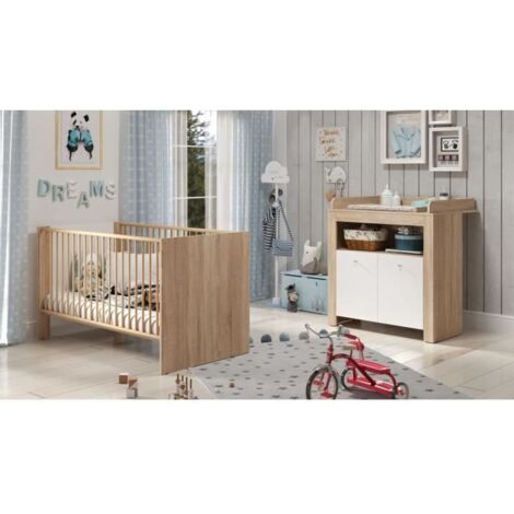 Chambre bébé complète Duo PIA en blanc mat et chêne Sonoma – Lit à barreaux 70x140 cm avec sommier réglable – Commode à langer 2 portes – Trendteam