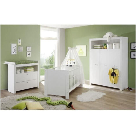 Chambre bébé complète 3 pièces – Lit 70x140cm avec barreaux amovibles – Commode avec plan à langer – Armoire 3 portes 130x186cm – Trendteam