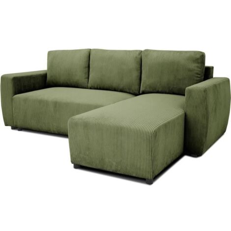 Canapé d'angle convertible réversible 3/4 places – Tissu velours côtelé kaki – Coffre de rangement 80L – Dimensions 224 x 155 x 85 cm (1/5)