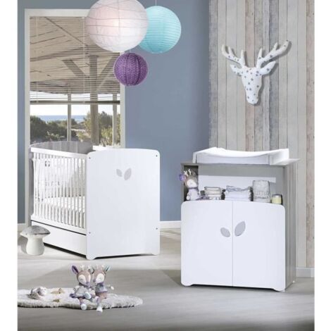Chambre bébé complète Duo Leaf – Lit 120x60 cm avec commode à langer – Couleurs blanc et chêne silex – Fabrication française – Baby Price