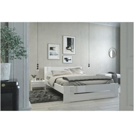 Lit adulte contemporain 140x190 cm – Structure en panneaux de particules décor blanc brillant – Tête et pieds inclus – Fabrication française (1/5)