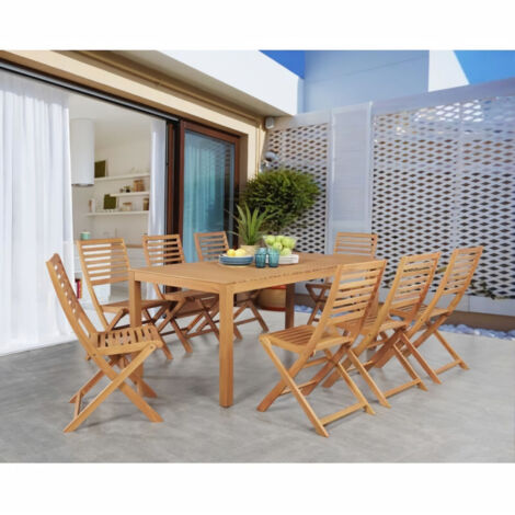 Ensemble repas de jardin 8 personnes – Table rectangulaire 180 x 90 cm – 8 chaises pliantes en bois d'eucalyptus FSC – Résistant aux intempéries