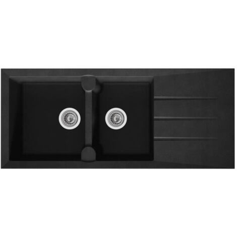 Les Tendances – Évier de cuisine encastrable 2 bacs – 1 égouttoir réversible – Résine noire – Dimensions 116 x 50 cm – Vidage manuel Ø90 mm (1/2)