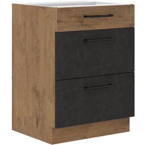 Meuble casserolier ROCK - Mélaminé décor chene lancelot et gris matera - 3 tiroirs - L60 x H82 cm (1/4)