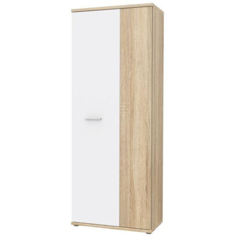 Armoire à chaussures contemporaine décor chêne sonoma et blanc mat – Dimensions L 69 cm x P 34,8 cm x H 179,1 cm – 2 portes et 5 tablettes (1/9)