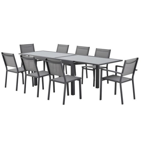 Table de jardin extensible rectangulaire – Structure aluminium – Plateau en verre trempé – 8 places – L 135-270 x H 75 cm