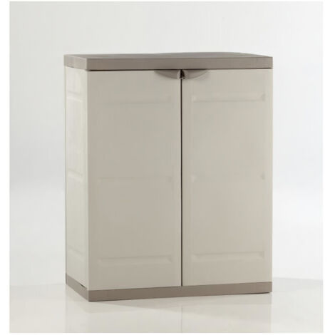 Armoire de jardin basse 2 portes avec étagères – Dimensions l70 x p44 x h88 cm – Résine beige et taupe – Montage facile sans outils – Plastiken (1/10)