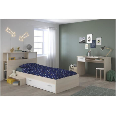 Les Tendances – Chambre complète enfant 90x190 cm – Lit avec tiroir et bureau – Bois MDF décor acacia clair et blanc – Tête de lit avec étagère