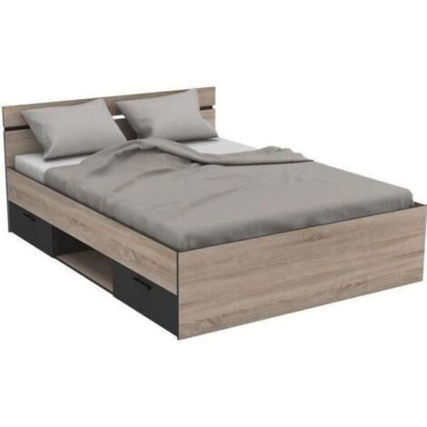 M&S – Lit Micheline 140 x 190 cm – Chêne brossé et noir mat – 2 tiroirs de rangement – Design industriel moderne