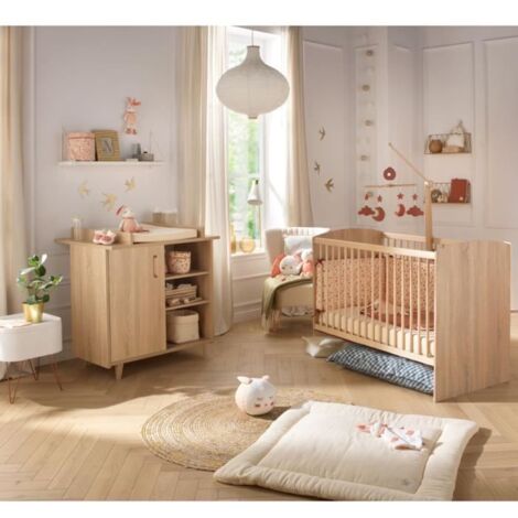 Lit bébé 60x120 cm avec commode à langer – Bois chêne doré – Ensemble chambre bébé complète fonctionnel et chaleureux – Sauthon