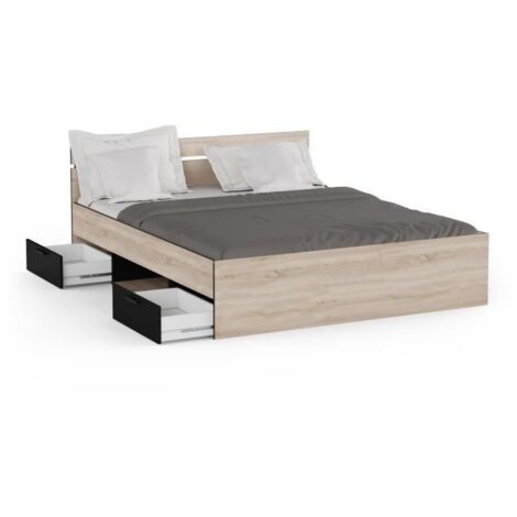 Demeyere Lit adulte MICHIGAN - 160 x 200 cm - Mulitiples rangements - Chene et noir (1/5)