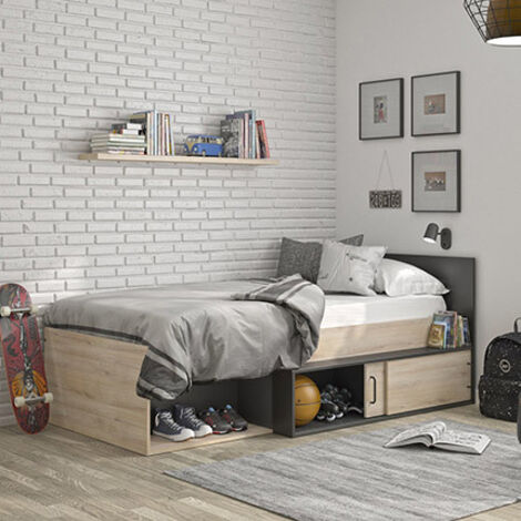 Calicosy – Lit enfant avec rangement – Chêne Kronberg clair et noir – 90 x 200 cm – 1 niche et 2 portes coulissantes (1/10)