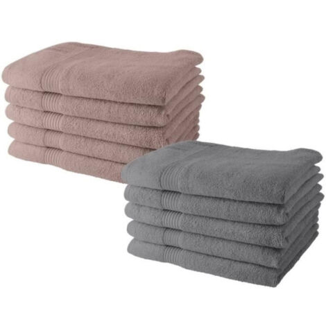 Lot de 10 Serviettes de Toilette - TODAY - 50 x 90 cm - 100% Coton - 5 Rose, 5 Acier (1/2)
