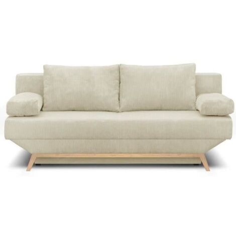 Canapé convertible 3 places en velours côtelé beige – Coffre de rangement intégré – Dimensions L 190 x H 92 x P 84 cm – Couchage 140 x 190 cm (1/5)