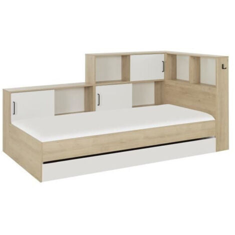 Calicosy – Lit enfant avec rangements – Décor blanc et châtaignier – 90 x 200 cm – Structure panneaux de particules – Tiroir de rangement inclus (1/10)