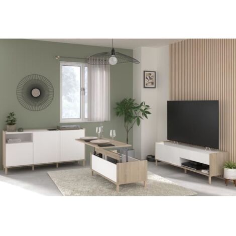 Ensemble meuble de salon – Meuble TV, table basse, buffet bas – Décor blanc chêne – Fabrication française – Dimensions 159x52x28cm – Parisot