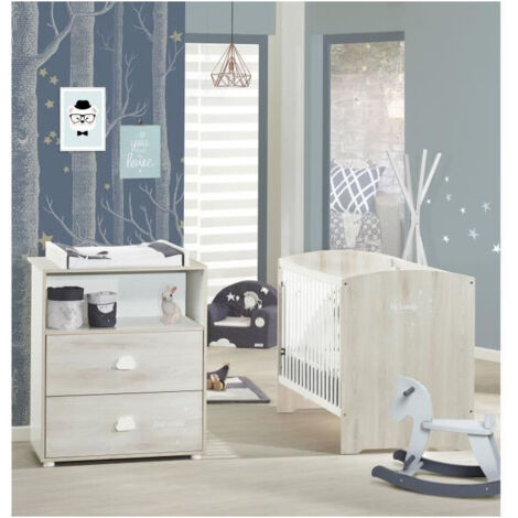 Chambre bébé complète 120x60 cm – Lit avec sommier réglable – Commode à langer avec 2 tiroirs – Finitions hêtre cendré – Baby Price