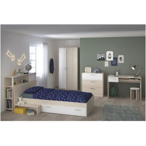 Les Tendances – Chambre d'enfant complète 5 pièces – Lit 90x190cm, bureau, commode, armoire – Décor acacia clair et blanc – Montage réversible