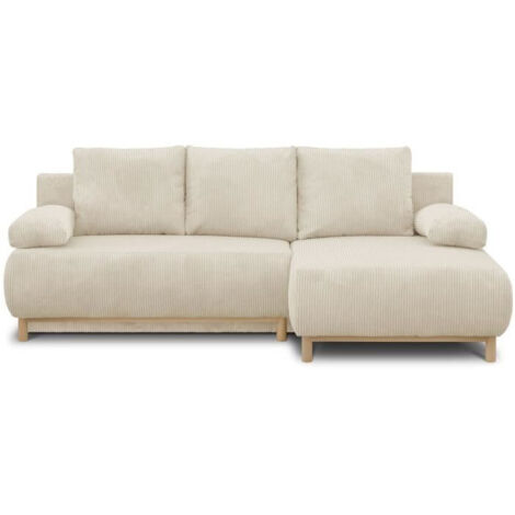 Canapé d'angle droit convertible 3 places – Velours côtelé beige – Coffre de rangement – Couchage 130 x 210 cm – Dimensions L218 x P98/145 x H84 cm (1/6)
